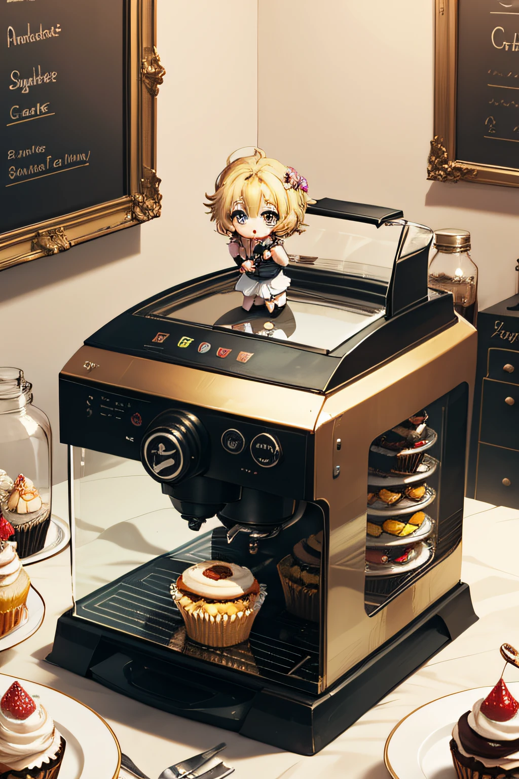 masutepiece, Highly detailed, (Chibi:1.3), , (1girl in), Blonde hair, Pastel colors, cosy atmosphere, Dessert Display Case, buttoning, cupcake, Tart, a cake, Coffee machine, Chalkboard Menu, Natural lighting, Glass jar filled with candy, Frosted glazing, Decorative plate, Capricious decoration, Sugar sculpture,