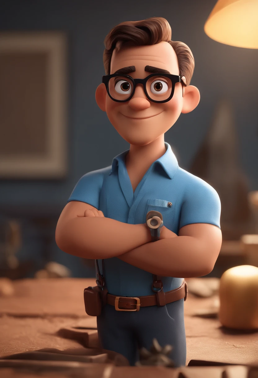 Cartoon character of a man with black glasses and a blue shirt, animation character, Caractere estilizado, animation style rendering, 3D estilizado, Arnold Maya render, 3 d render stylized, toon render keyshot, Personagem 3D, Personagem 3D, 3d rendering stylized, 3 d character render, personagem de desenho animado, Personagem de close up, Pose de personagem, (Estilo Pixar) (master part:1.2) (Bokeh) (best quality) (pele detalhada) (textura detalhada) (8k) (argila) (Cinematic lighting) (foco nítido