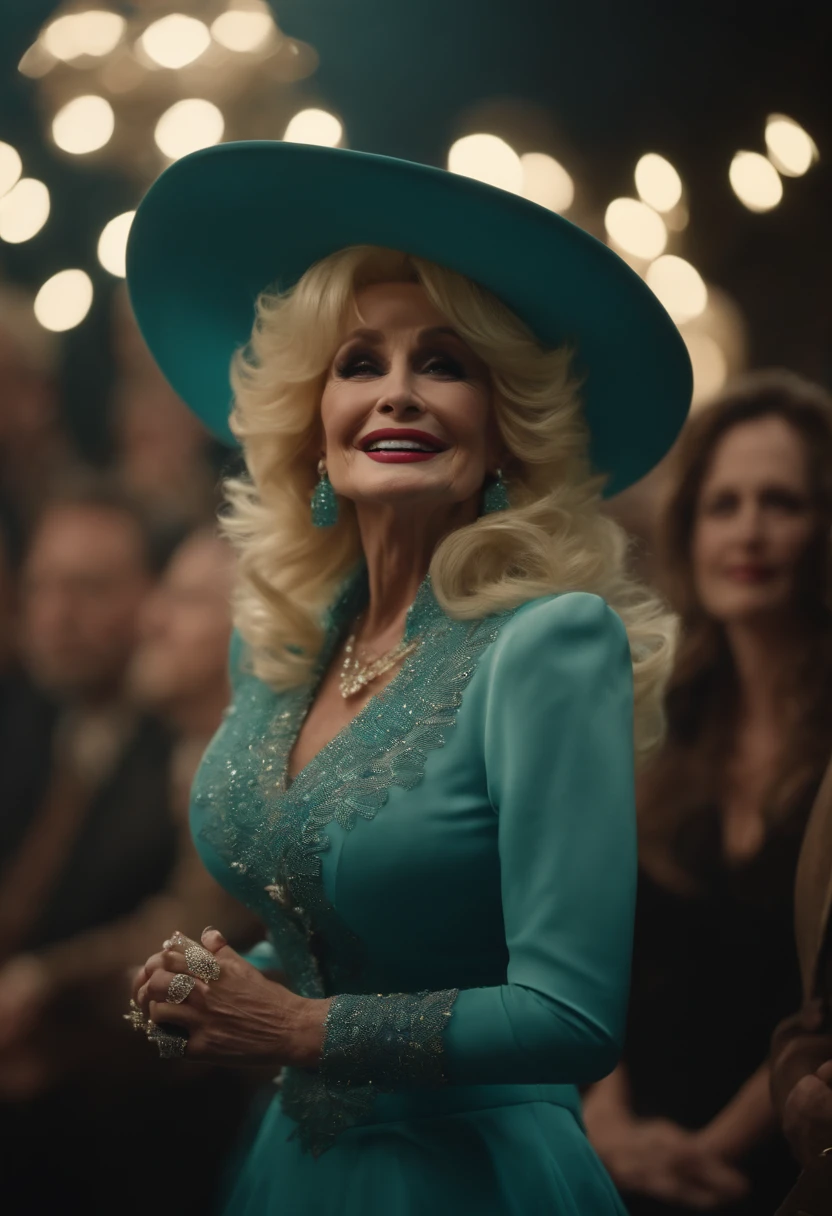 Dolly Parton at coronation in teal dress and hat