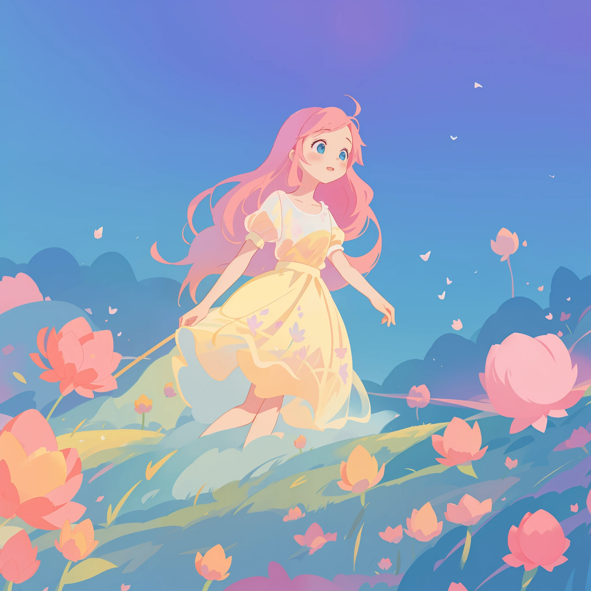 beautiful girl in puffy gradient ballgown, a field with round puffball pink flowers, otherworldly flowers, whimsical landscape, long pink flowing hair, watercolor illustration, inspired by Glen Keane, inspired by Lois van Baarle, disney art style, by Lois van Baarle, by Glen Keane, jen bartel, digital painting, beautiful digital illustration, fantasia otherworldly landscape plants flowers, beautiful, masterpiece, best quality, anime disney style