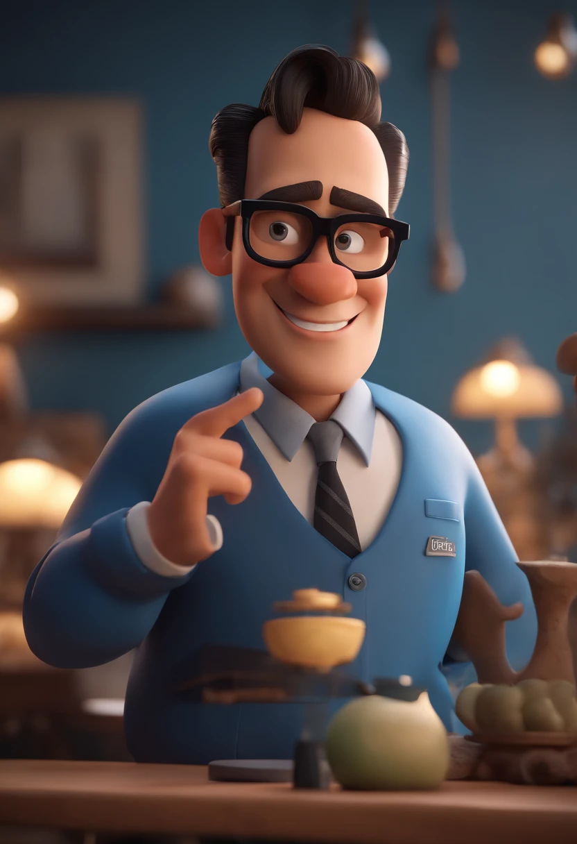 Cartoon character of a man with black glasses and a blue shirt, animation character, Caractere estilizado, animation style rendering, 3D estilizado, Arnold Maya render, 3 d render stylized, toon render keyshot, Personagem 3D, Personagem 3D, 3d rendering stylized, 3 d character render, personagem de desenho animado, Personagem de close up, Pose de personagem, (Estilo Pixar) (master part:1.2) (Bokeh) (best quality) (pele detalhada) (textura detalhada) (8k) (argila) (Cinematic lighting) (foco nítido
