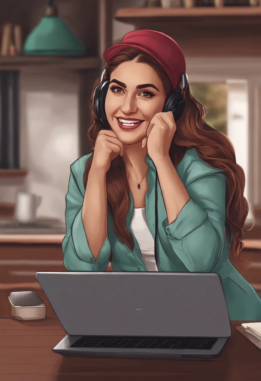 Uma mulher sentada em uma mesa com um laptop e microfone, sentado em frente a um microfone, Streamer do Twitch, Streamer do Twitch/Jogador Ludwig, dando uma entrevista, retrato preciso, assumindo o controle enquanto sorri, h3h3, with a happy expression, accurate depiction, na frente de um computador, arte em alta, Shutterstock, Studio shot, muito expressivo, anime realista, graphic,