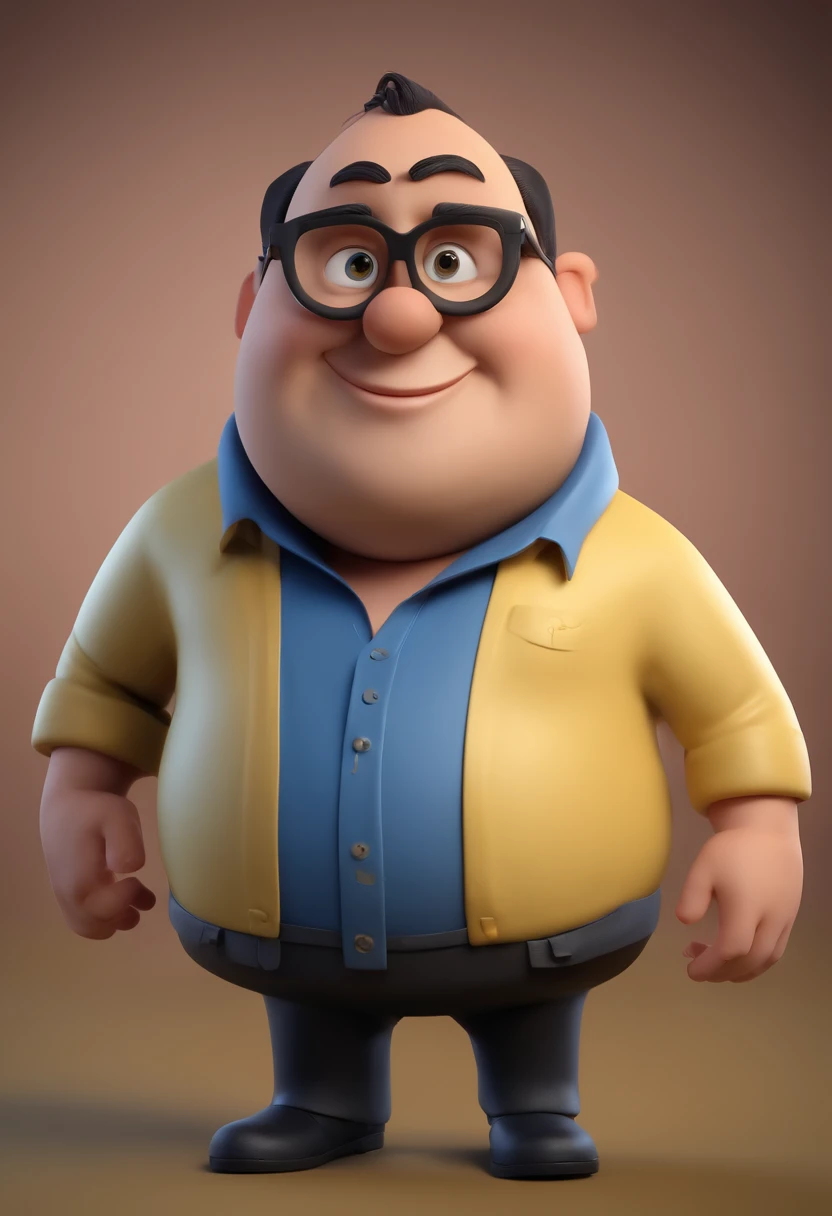 Cartoon character of a fat man with little hair wearing round black glasses and a blue shirt, um personagem animado, Caractere estilizado, animation style rendering, 3D estilizado, Arnold Maya render, 3 d render stylized, toon render keyshot, Personagem 3D, Personagem 3D, 3d rendering stylized, 3 d character render, personagem de desenho animado, Personagem de close up, Pose de personagem, (Estilo Pixar) (master part:1.2) (Bokeh) (best quality) (pele detalhada) (textura detalhada) (8k) (argila) (Cinematic lighting) (foco nítido，Senta e vaza a parte superior do corpo