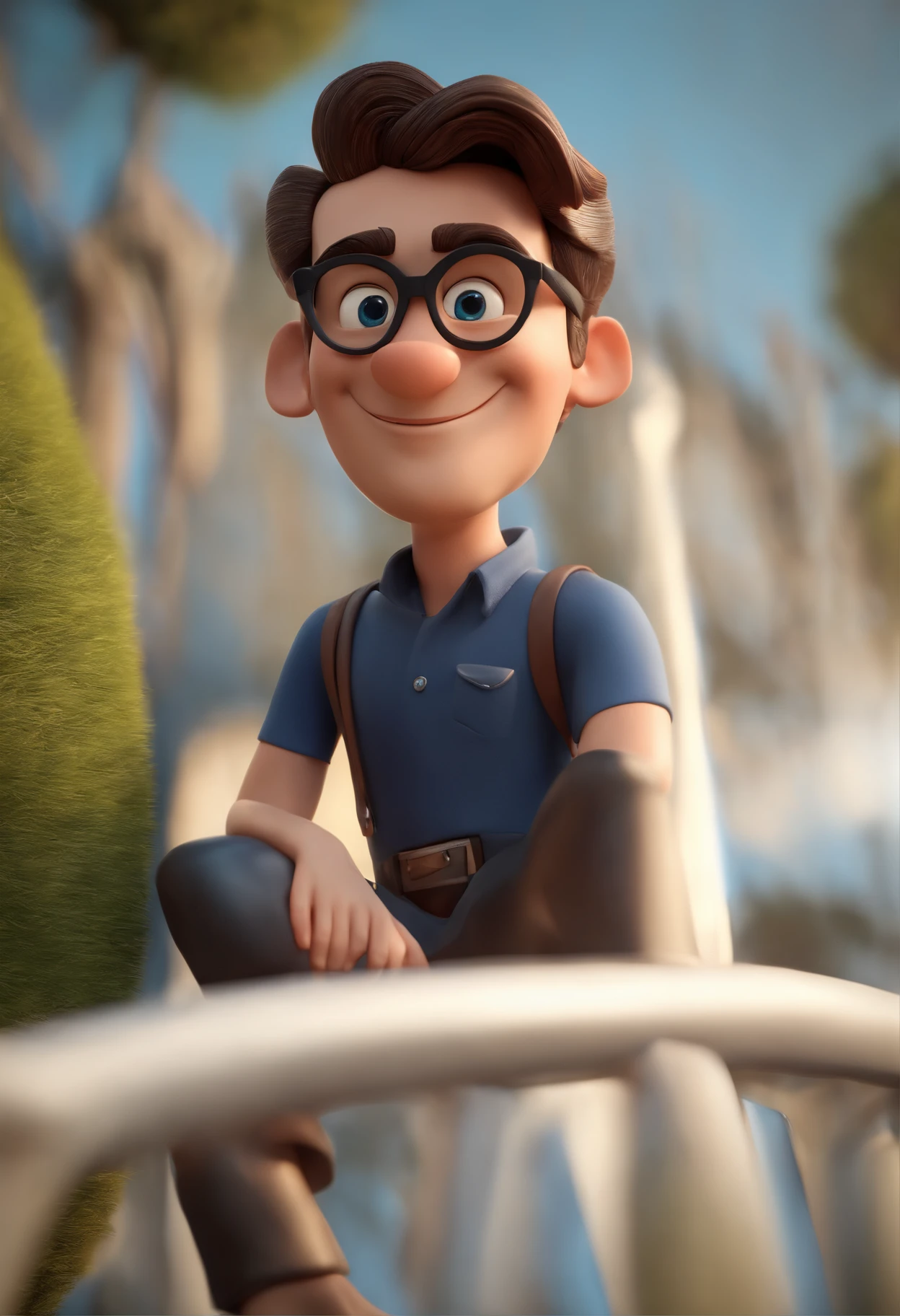 Cartoon character of a man wearing black glasses and a blue shirt, um personagem animado, Caractere estilizado, animation style rendering, 3D estilizado, Arnold Maya render, 3 d render stylized, toon render keyshot, Personagem 3D, Personagem 3D, 3d rendering stylized, 3 d character render, personagem de desenho animado, Personagem de close up, Pose de personagem, (Estilo Pixar) (master part:1.2) (Bokeh) (best quality) (pele detalhada) (textura detalhada) (8k) (argila) (Cinematic lighting) (foco nítido，Senta e vaza a parte superior do corpo