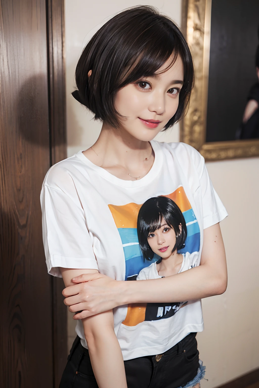 86
(a 20 yo woman,is standing), (A hyper-realistic), (masutepiece), ((short-hair:1.46)), (Smooth black hair), (Breast:1.0), (kindly smile), Wearing shorts, (Wear a T-shirt with a character design print), (Beautiful skin:1.5), Big paintings