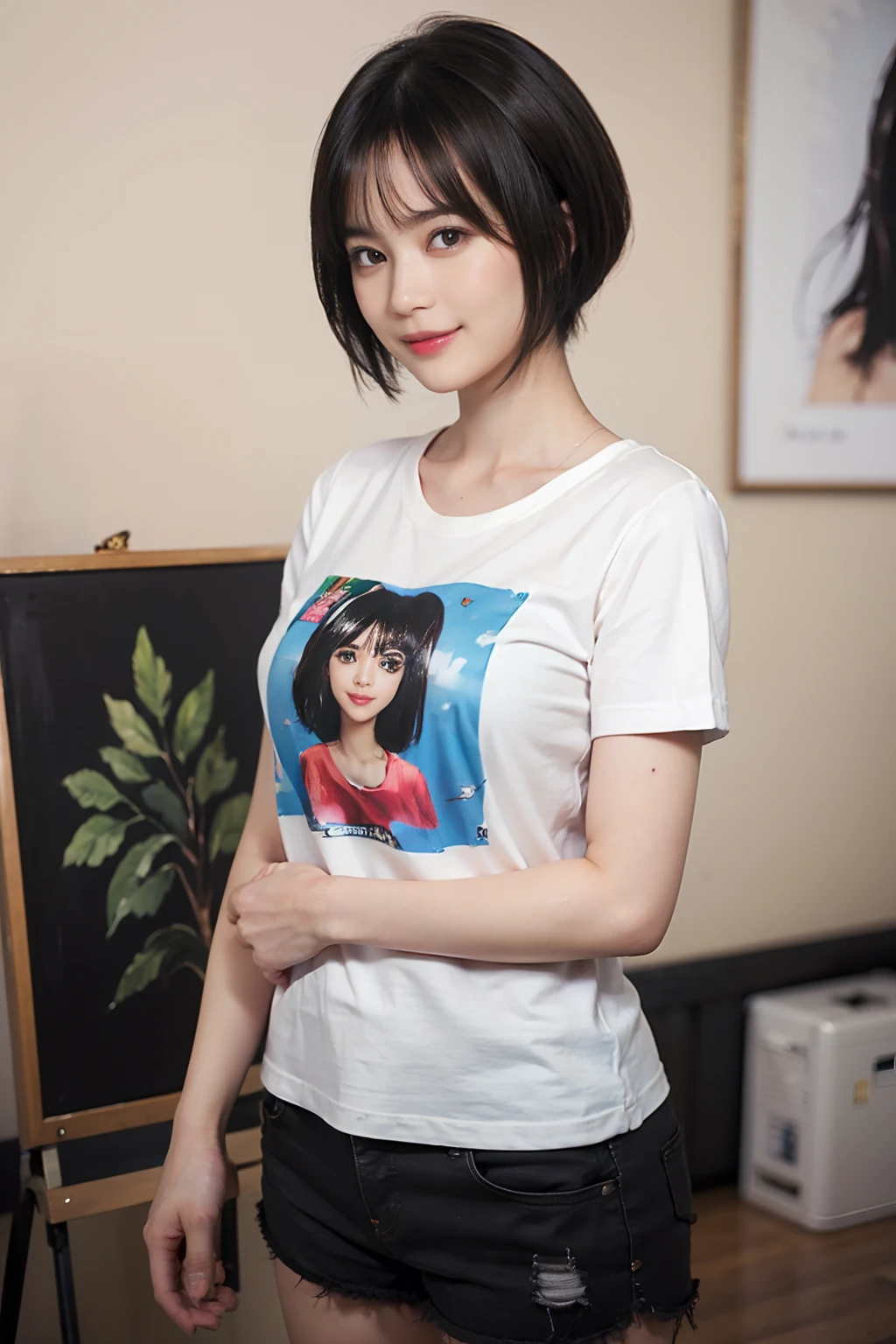 86
(a 20 yo woman,is standing), (A hyper-realistic), (masutepiece), ((short-hair:1.46)), (Smooth black hair), (Breast:1.0), (kindly smile), Wearing shorts, (Wear a T-shirt with a character design print), (Beautiful skin:1.5), Big paintings