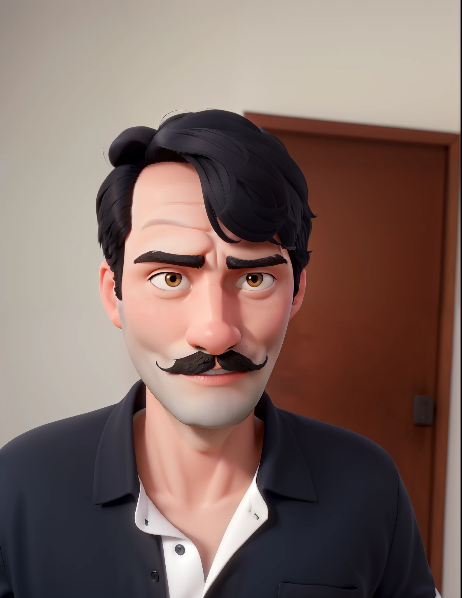 A man with black hair and white skin looking straight ahead and wearing a black mustache