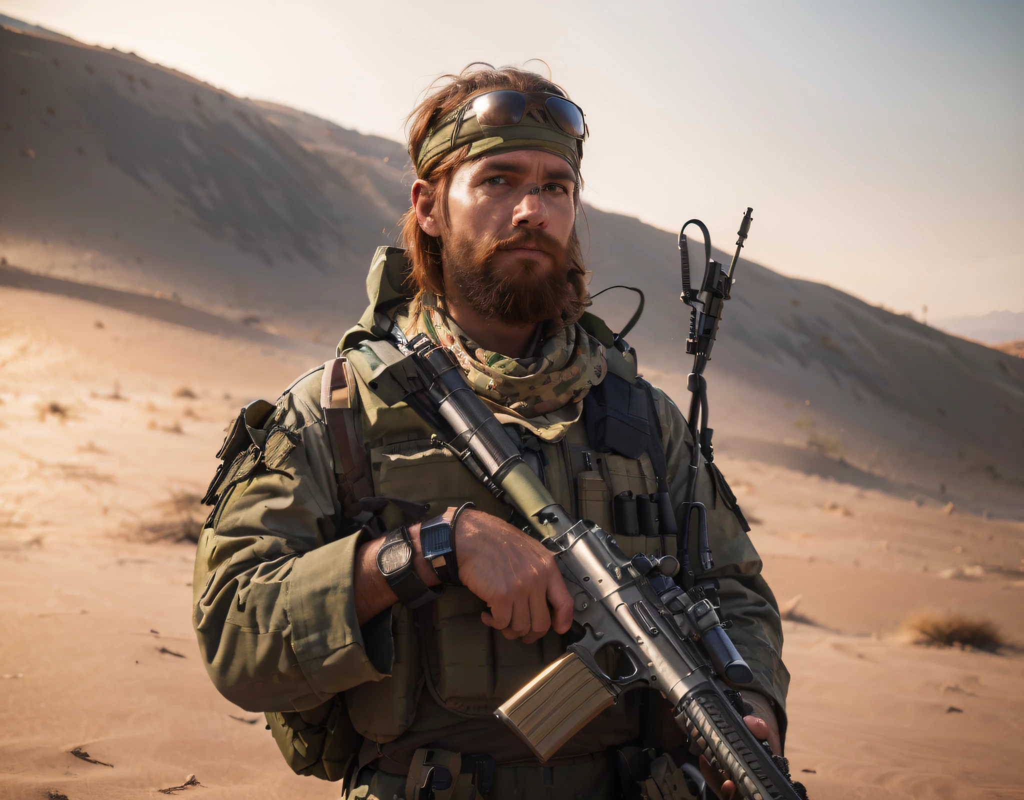 male soldier, British face, rough expression, natural red hair, wears an olive green bandana, black glasses on his forehead, desert-colored military uniform, bulletproof vest, knife, machine gun, is in a highly realistic desert, 4k, Ultra detailed image, realistic , Highly detailed, perfect composition, gorgeous, Intricately detailed, incredibly detailed, Art photography 8K, hyper detailed, Masterpiece, Ultra detailed, hyper realistic, 4k, Ultra detailed image, realistic, Highly detailed, perfect composition, beautiful, intricately detailed, incredibly detailed, art photography 8k, hyper detailed, masterpiece