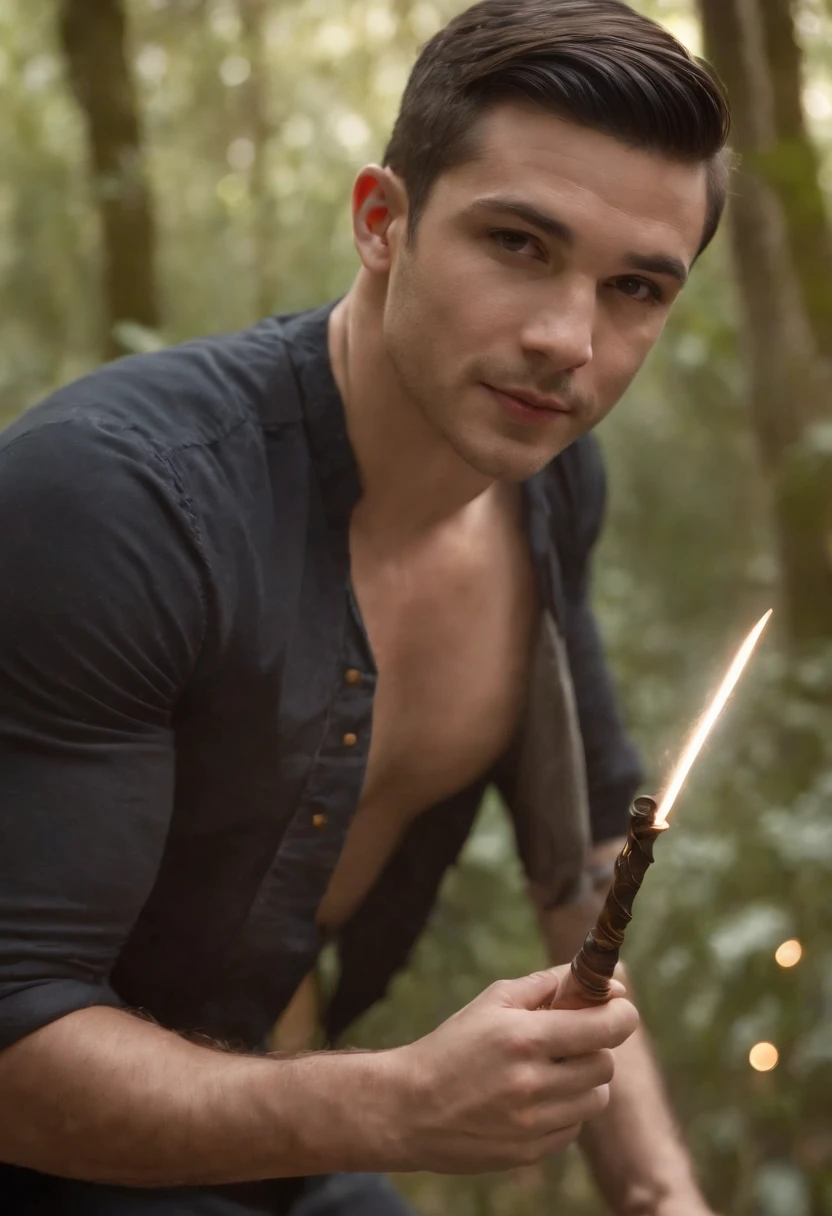 Homem, 34 anos, Shaved black hair in gradient, moreno, 1,74 metro de altura, 98 kilos, vestido em uma roupa de mago, em uma floresta encantada, imagem de fundo com uma lua brilhante, ceu etrelado, In the right hand a magic wand.