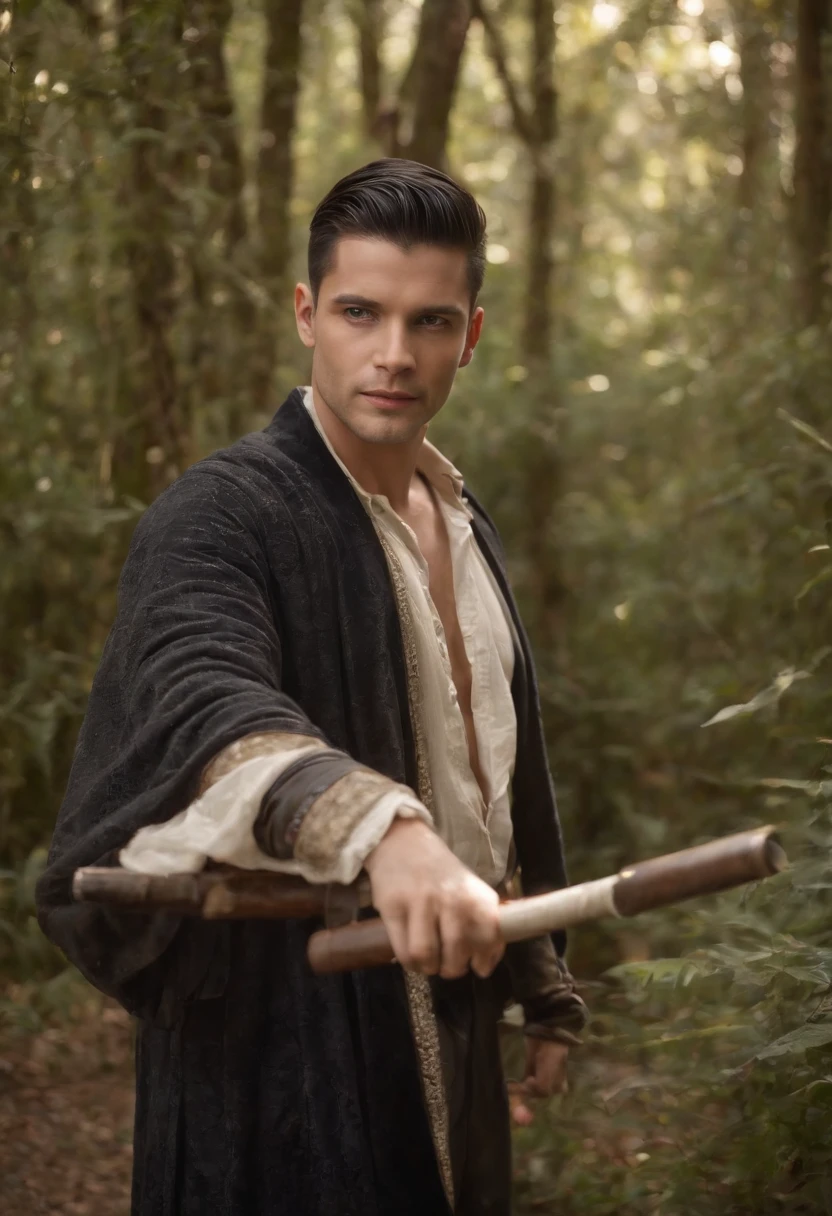 Homem, 34 anos, Shaved black hair in gradient, moreno, 1,74 metro de altura, 98 kilos, vestido em uma roupa de mago, em uma floresta encantada, imagem de fundo com uma lua brilhante, ceu etrelado, In the right hand a magic wand.