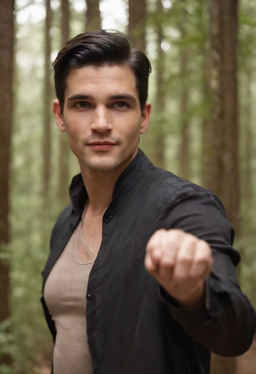 Homem, 34 anos, Shaved black hair in gradient, moreno, 1,74 metro de altura, 98 kilos, vestido em uma roupa de mago, em uma floresta encantada, imagem de fundo com uma lua brilhante, ceu etrelado, In the right hand a magic wand.