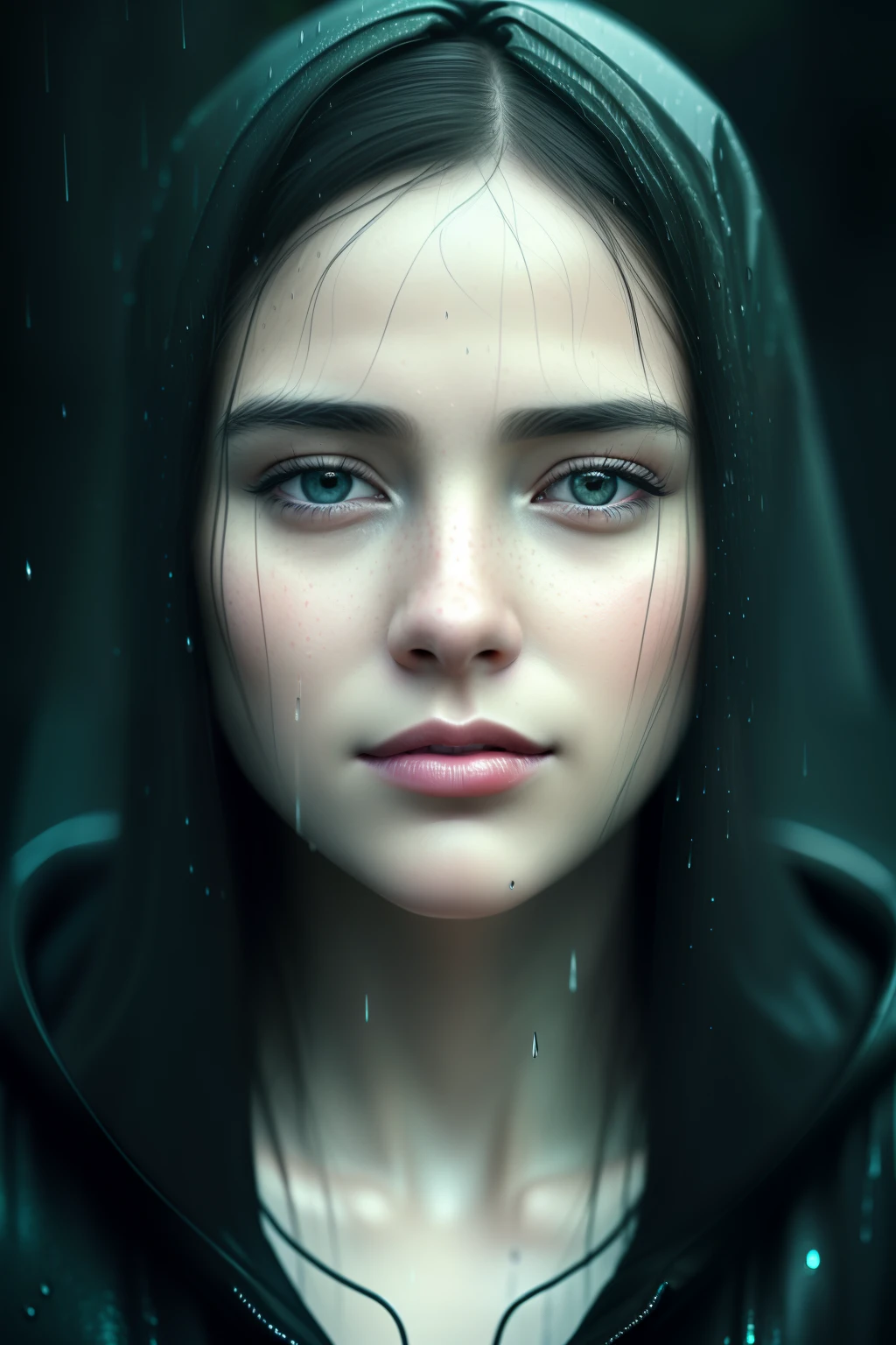 here is a woman that is looking at the camera in the rain, cinematic realistic portrait, ultra realistic digital painting, ultra-realistic digital art, soft portrait shot 8 k, rain drops on face, ultra realistic digital art, hyperrealistic digital painting, hyper realistic digital painting, hyperrealistic digital art, ultrarealistic digital art, beautiful photorealistic imagery, hyper realistic digital art