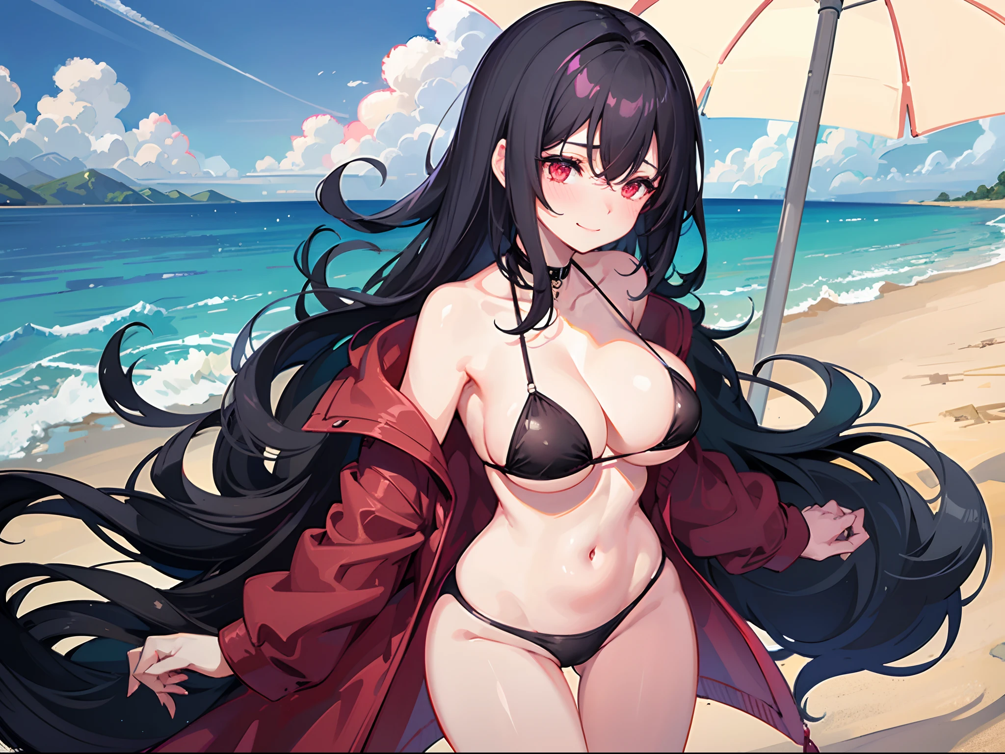A woman with short black hair and pink-red eyes....... Long hair She walked the beach in a black bikini..... Slim profile, Fair-skinned, large boobs, He blushed slightly.., Close your eyes and smile brightly.............
