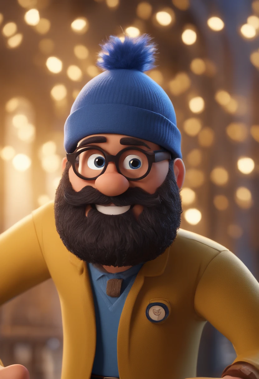 Cartoon character of a man with black glasses and a blue shirt, Beard Media Animation Character, Caractere estilizado, animation style rendering, 3D estilizado, Arnold Maya render, 3 d render stylized, toon render keyshot, Personagem 3D, Personagem 3D, 3d rendering stylized, 3 d character render, personagem de desenho animado, Personagem de close up, Pose de personagem, (Estilo Pixar) (master part:1.2) (Bokeh) (best quality) (pele detalhada) (textura detalhada) (8k) (argila) (Cinematic lighting) (foco nítido
