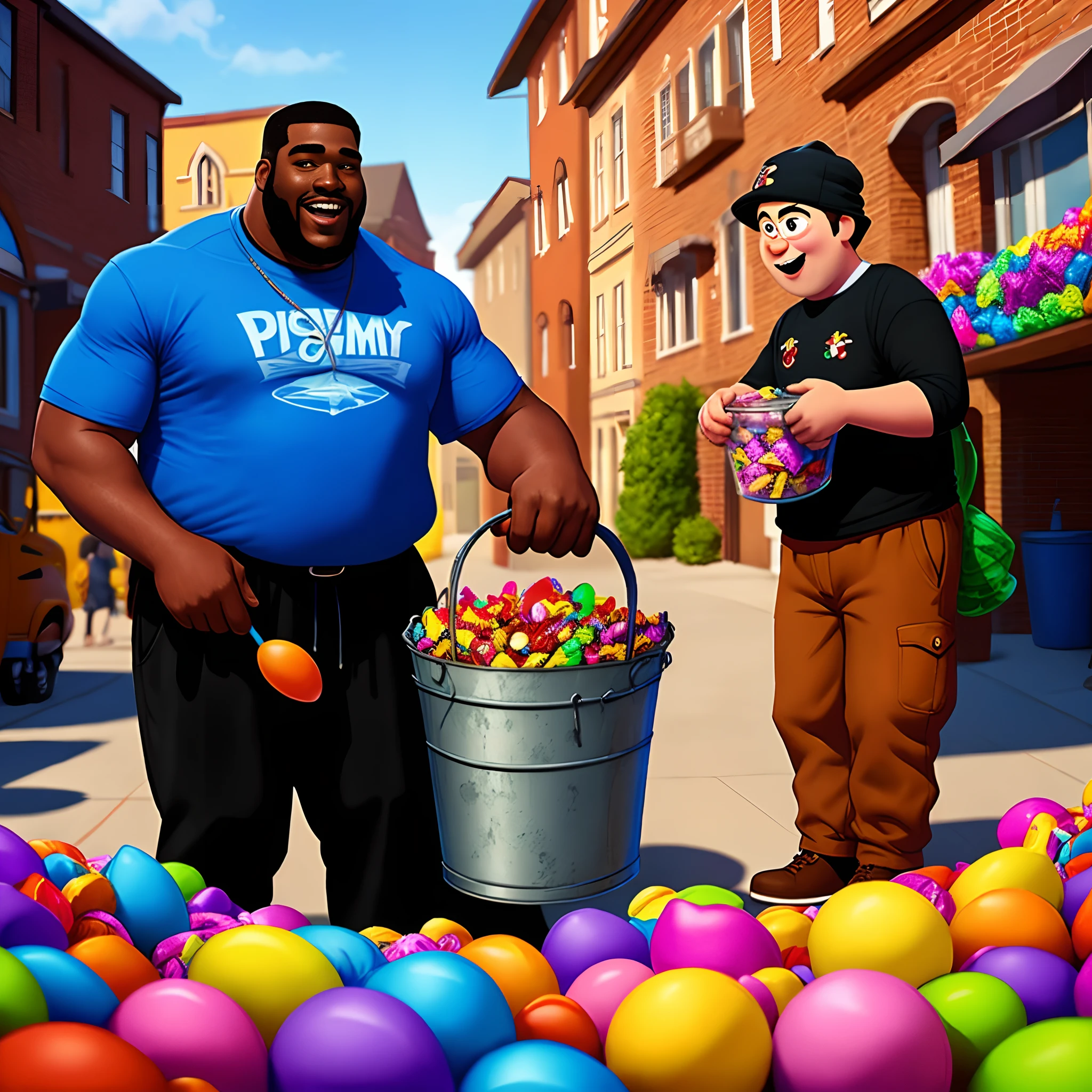 Big black guy with a bucket of candy cashing a kid Pixar movie
