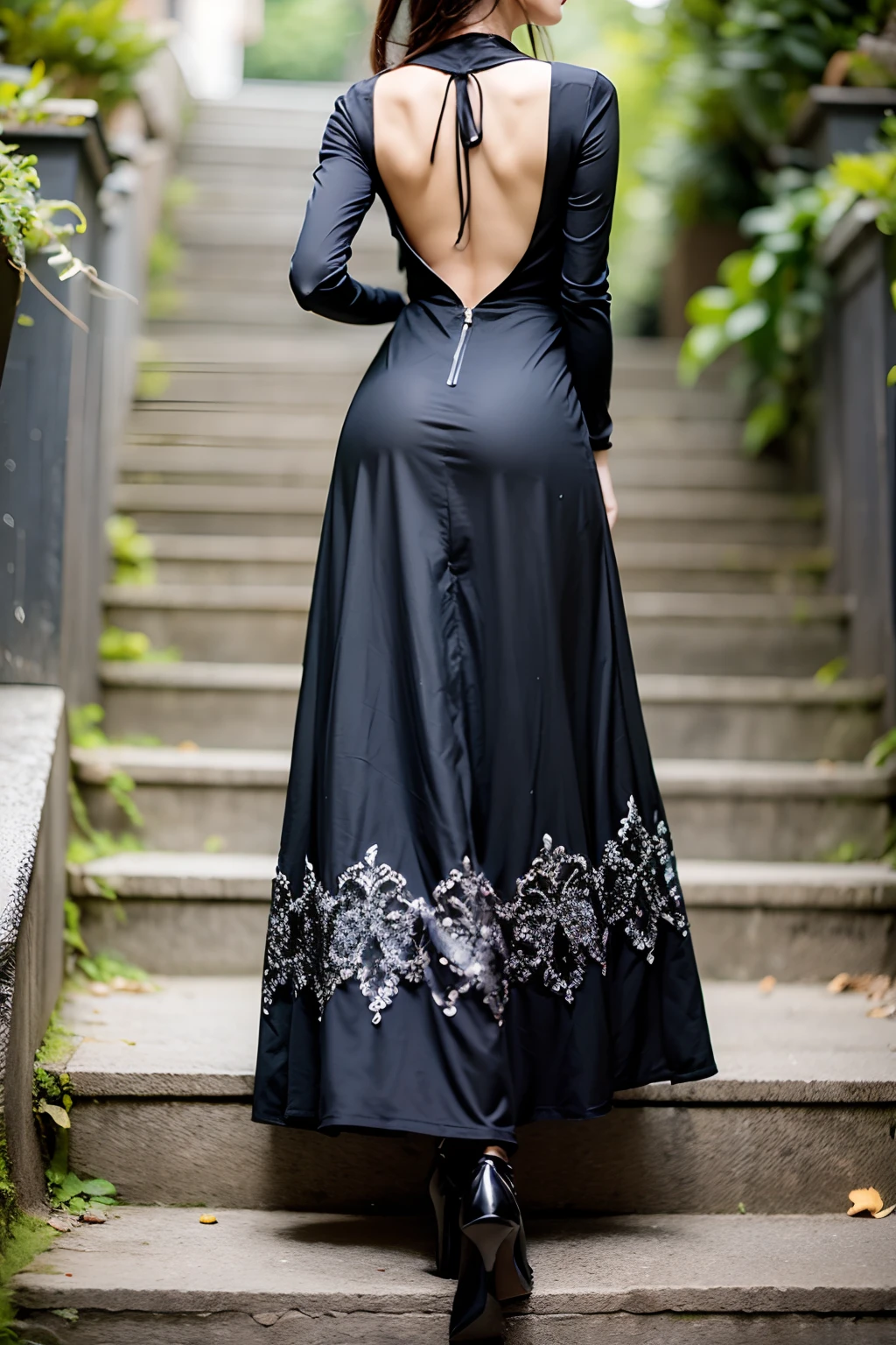 Araf woman in black dress stands on a stone step, long dress, Dark Black Long Dress, Flowing black gown, Light half-open dress, flowing dress, Open dress, Full Black Dress, tumblr, She is wearing a black dress, Vine dress, Wearing a long dress, Dark black dress, Black dress, Wearing a black dress, Open back dress, dark dress