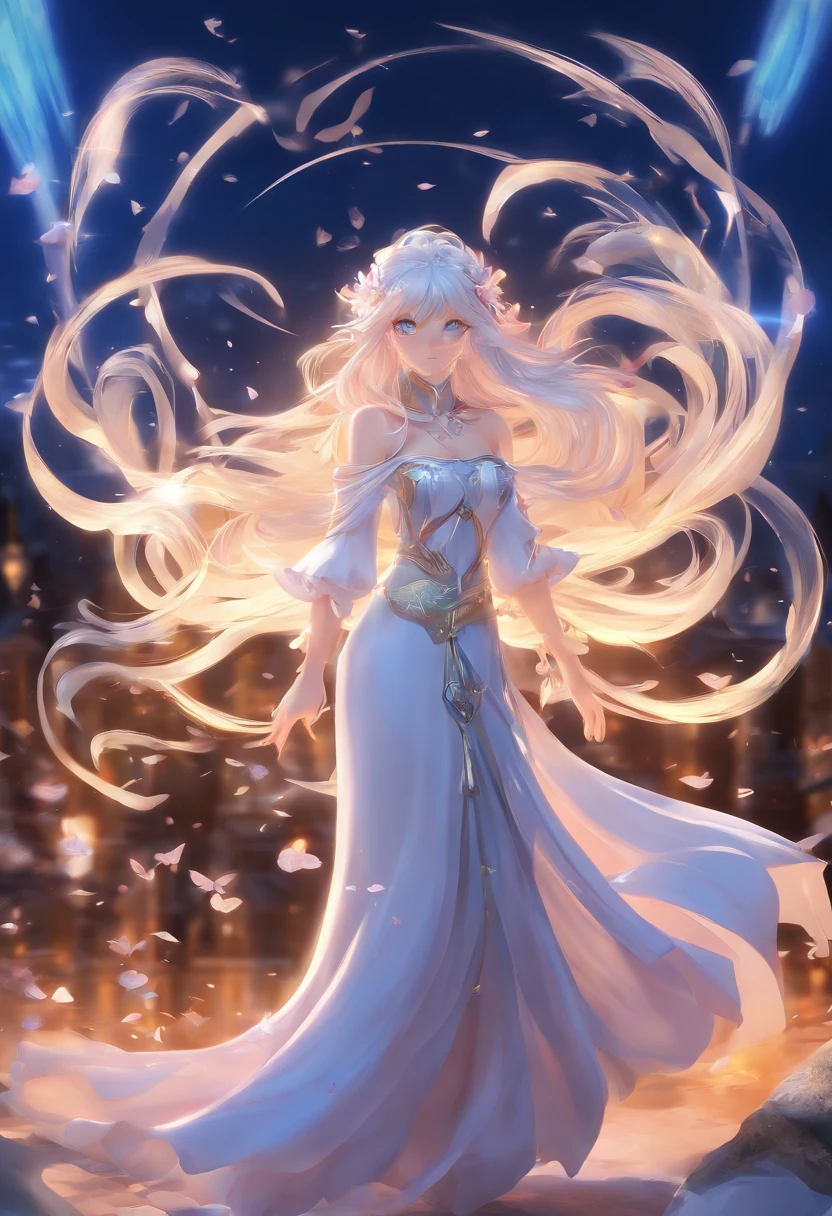 Garota anime com longos cabelos brancos e um vestido azul na neve, divindade de cabelos brancos, cabelos brancos flutuando no ar, anime fantasy illustration, flowing white hair, beautiful young wind spirit, anime de fantasia bonito, glowing flowing hair, ethereal anime, bela arte de anime, bela arte digital, arte de fantasia de anime, ((uma bela imperatriz fantasia)), 2. 5 d cgi anime fantasia arte