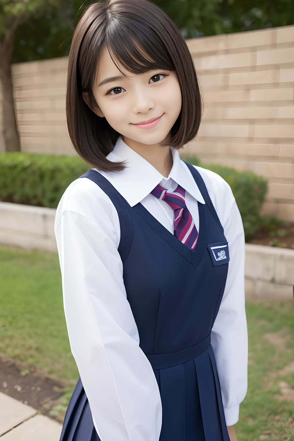 big breasts, big, ponytail, uniform, navy blue tie, navy blue skirt, light blue shirt, gravure idol, school, wet, smile