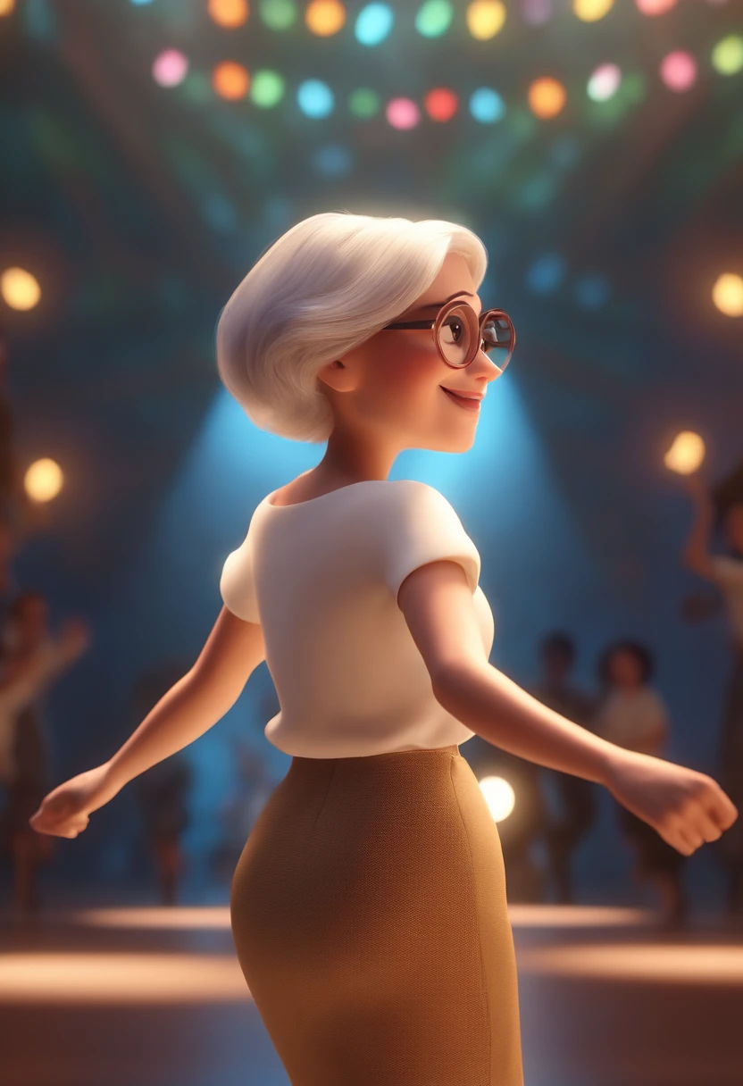 Pixar style image with 3D character white glasses white woman short straight hair dancing, Maquiagem Disney,Pescador, bonitinho, sorridente ,com aparelho Close-up, Pixar, Disney, Cinema lighting,