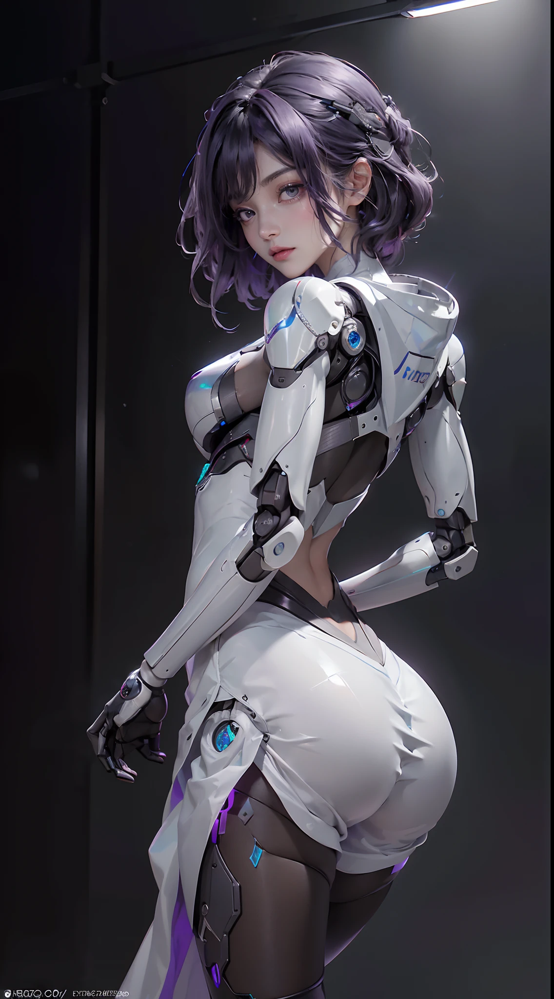 ((rear view, backside view)),((of the highest quality)), ((obra maestra)), (detalle:1.4), (((Translucent black material with mechanical parts and transparent skin and posing back beautiful woman in cybernetic suit made of gray carbon material))), (((Pale brightness with LEDs))), ((pecho abierto)), Piel de las caderas y los muslos, Teletipo (High Dymanic Range), Trazado de rayos, NVIDIA RTX, Super resolution, PBR subsurface textured dispersion, Post-procesamiento, Anisotropy Filtering, Profundidad de campos, Sombreado de superficies, Accurate light simulation/Interacciones materiales, proporciones perfectas, two-color illumination, amplia apertura, ISO bajo, balance de blancos, 8k, (((Cameltoe))), NSFW, (((mujer alta))), 25 year old woman, Cyber helmet with dull and bright LEDs, hasta la rodilla, protuberancia, puffy nipple, ((Cyber hood with dull and bright LEDs)), Postura abierta, Disparo de vaquero, Piel de las caderas y los muslos, hermoso cuerpo, Ombligo visible en la piel desnuda, Pecho para sentir la gravedad, (pechos enormes: 1.3), (trasero gigantesco: 1.0), Espacio sencillo y minimalista, Poses sexys naturales, Mirando hacia abajo, Pelo sobre un ojo, (((hermoso cabello muy largo))), (((purple hair))), (((Independencia del color del cabello))),motor irreal:1.4,UHD,La mejor calidad:1.4, fotorrealista:1.4, textura de la piel:1.4, obra maestra:1.8,,(laboratorio robotic fondo:1.4),(Traje Orange ciborg:1 4)