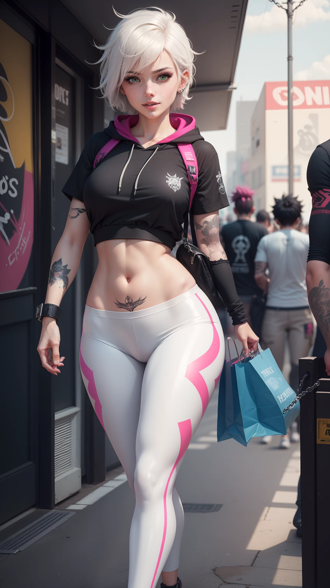 gwen tennyson,tracer,y'shtola rhul,yorha 2b,overwatch,nier automata,mecha pilot,shopping street,tattoos,orange and pink plugsuit,white short sleeve keyhole top,white cargo leggings,uncovered belly,short hair,punk makeup,green eyes,multicolored silver hair,sexy smile,freckles,beautiful girl,large breasts,8k,ultra detailed,realistic,fantasy art,punk girl,ear piercings,metal band uniform,saiyan girl,short sleeve punk hoodie,graffiti wall art,walking,chain necklace,small gym bag,