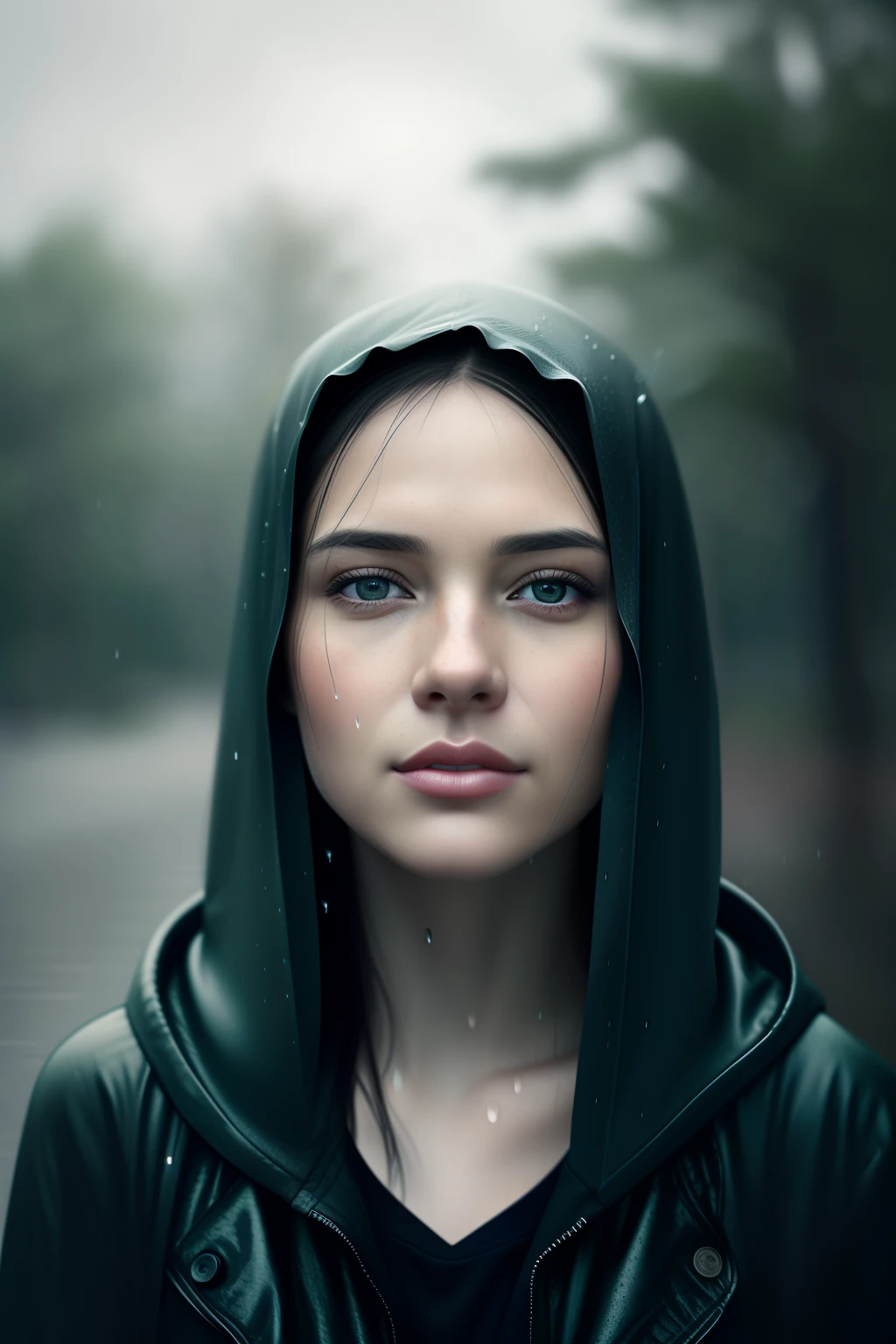 here is a woman that is looking at the camera in the rain, cinematic realistic portrait, ultra realistic digital painting, ultra-realistic digital art, soft portrait shot 8 k, rain drops on face, ultra realistic digital art, hyperrealistic digital painting, hyper realistic digital painting, hyperrealistic digital art, ultrarealistic digital art, beautiful photorealistic imagery, hyper realistic digital art