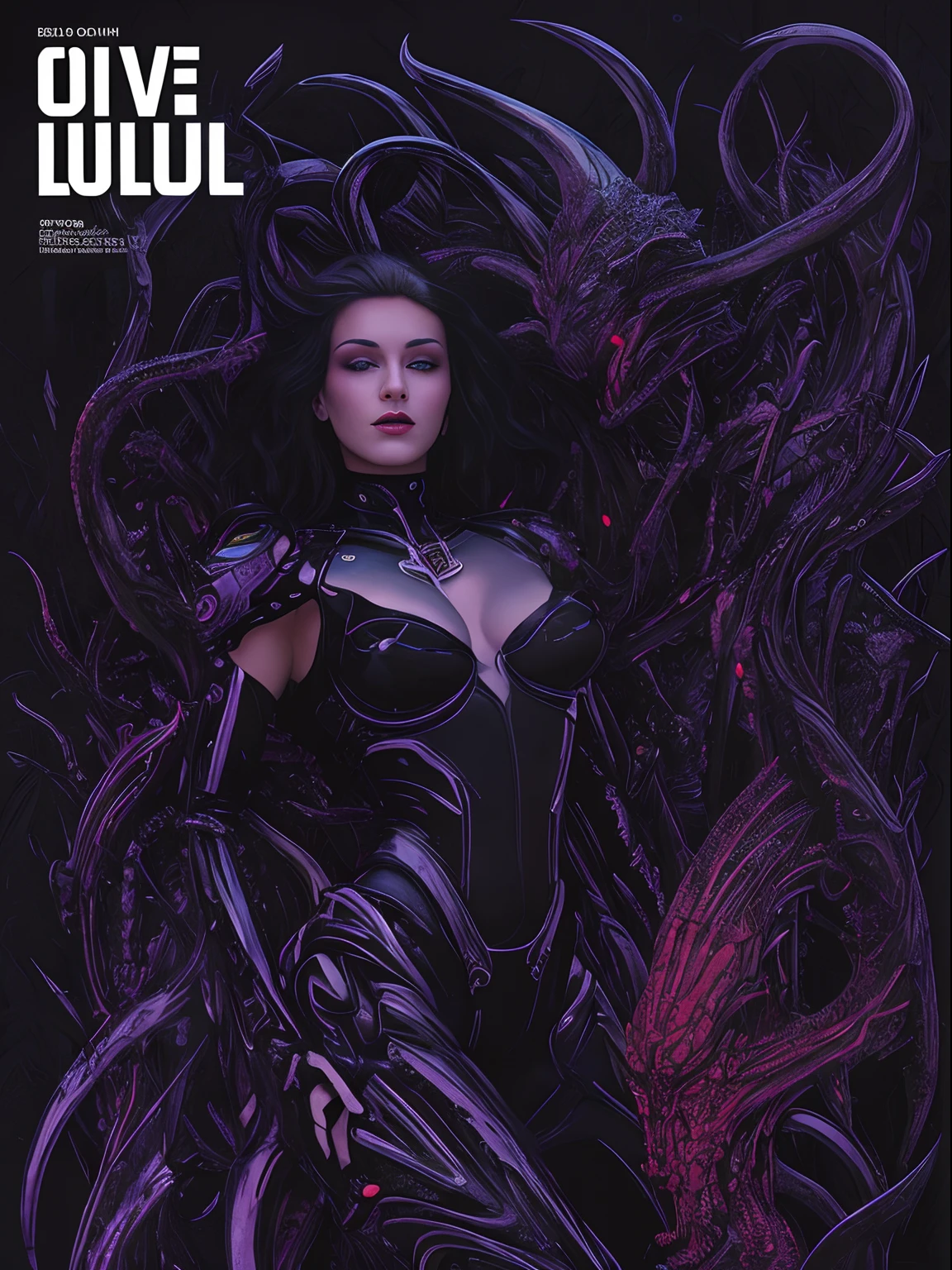 adult magazine, Rated R, nsfw, sexy female cyborg, magazine cover, poster art , Lovecraftian creatures around, queen of monster, hint of vibrant, bold huge text, matted design layout, glamorous photoshoot, with bold and stylish typography, create an otherworldly and captivating visual experience.