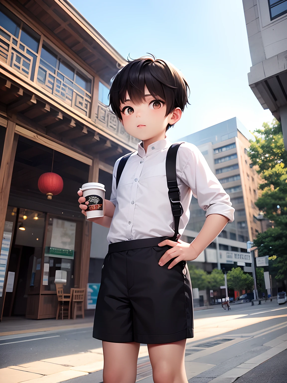 Male , Cute, holding coffee cup,Coffee, Wearing Chinese clothes, Black short hair, Beautiful building background, Black hair, masutepiece, ccurate, Anatomically correct, Best Quality, high details, hight resolution, hard disk