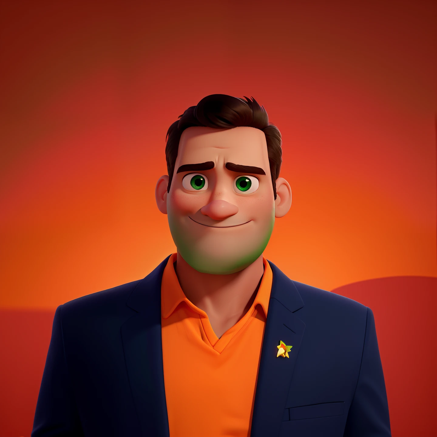 Um homem estilo pixar, em alta qualidade, melhor qualidade, com olhos verdes, em um fundo laranja