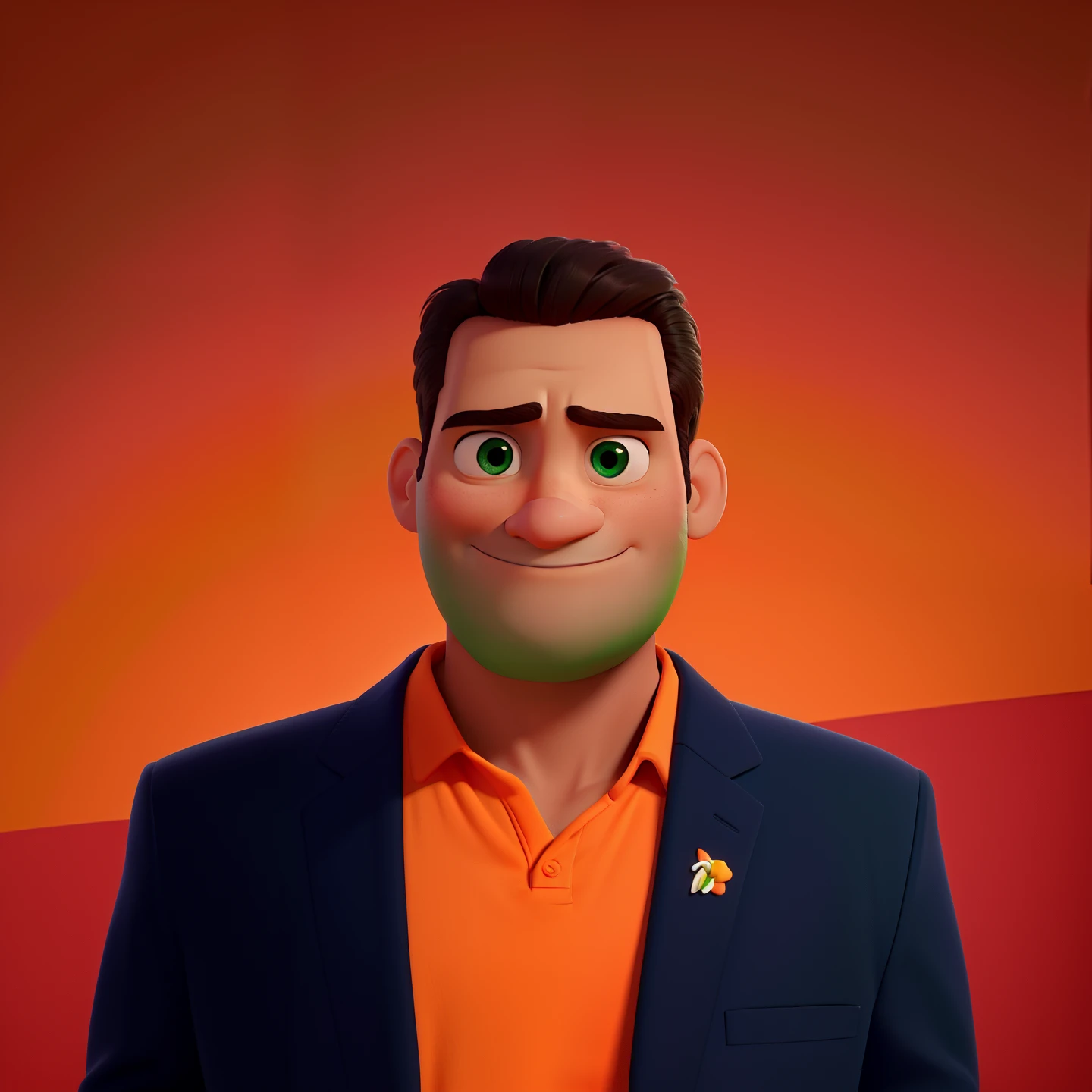 Um homem estilo pixar, em alta qualidade, melhor qualidade, com olhos verdes, em um fundo laranja