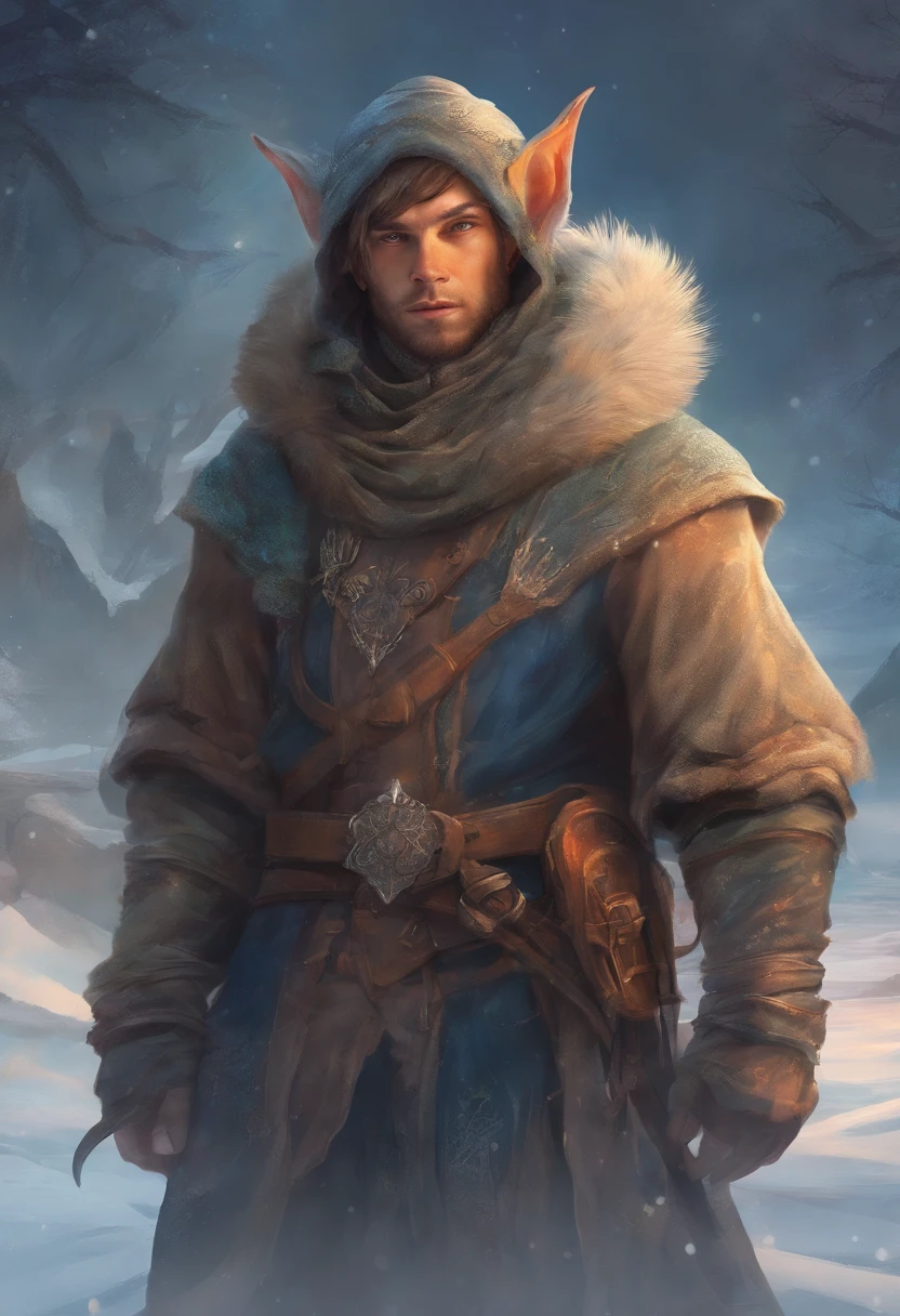Young goblin dressed in warm clothes (medieval) (tundra background)