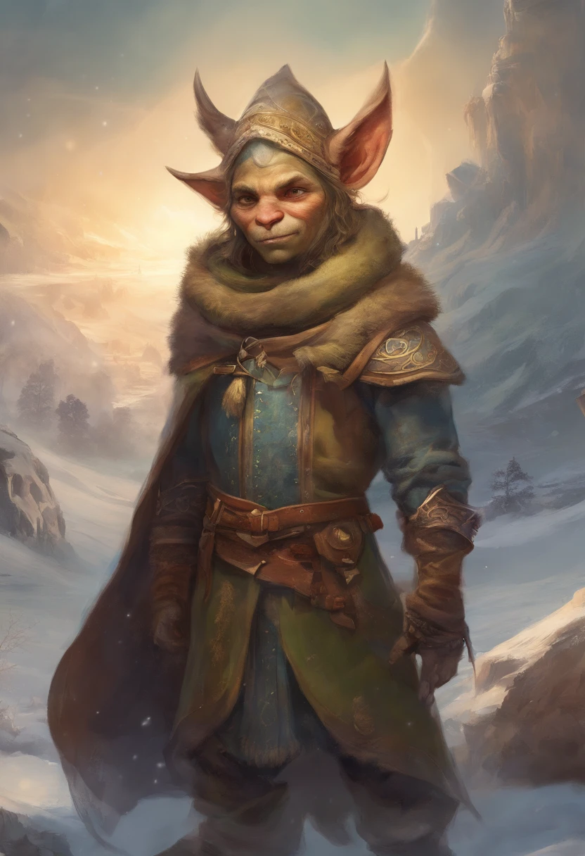 Young goblin dressed in warm clothes (medieval) (tundra background)