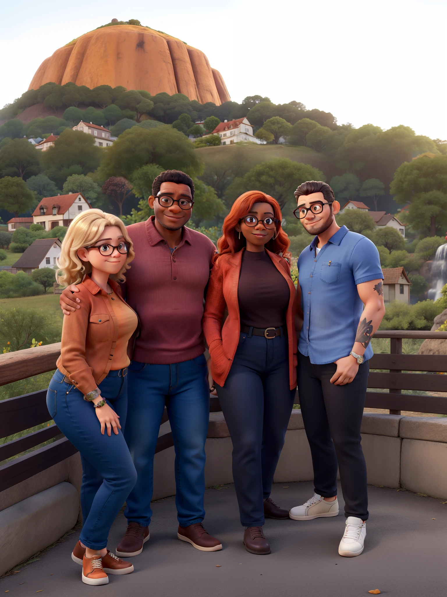 Family consisting of mother, pele branca, cabelo curto e loiro, Wearing blue jeans and orange sleeved blouse and beige sneakers. Pai de cabelo curto e preto com mechas grisalhas,pele branca, bochechas grande, Wearing black square-framed glasses, blue jeans, burgundy sleeve blouse and brown sneakers. Filha de cor branca, cabelo longo e loiro, olhos castanhos, wearing black pants, blusa preta de gola, blazer rosa e bota preta. Filho de cor morena, cabelo curto e preto, tattoo on upper arm,