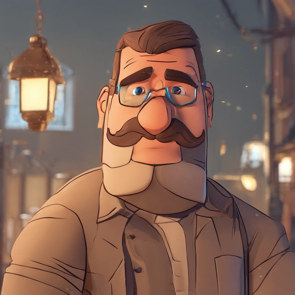 Criar um personagem no estilo Pixar. Trata-se de um homem de 28 anos, com barba, sorridente Moreno, com cabelos pretos curtos, e olhos castanhos claro. He's wearing a shiny silver cord, Trabalhar como designer