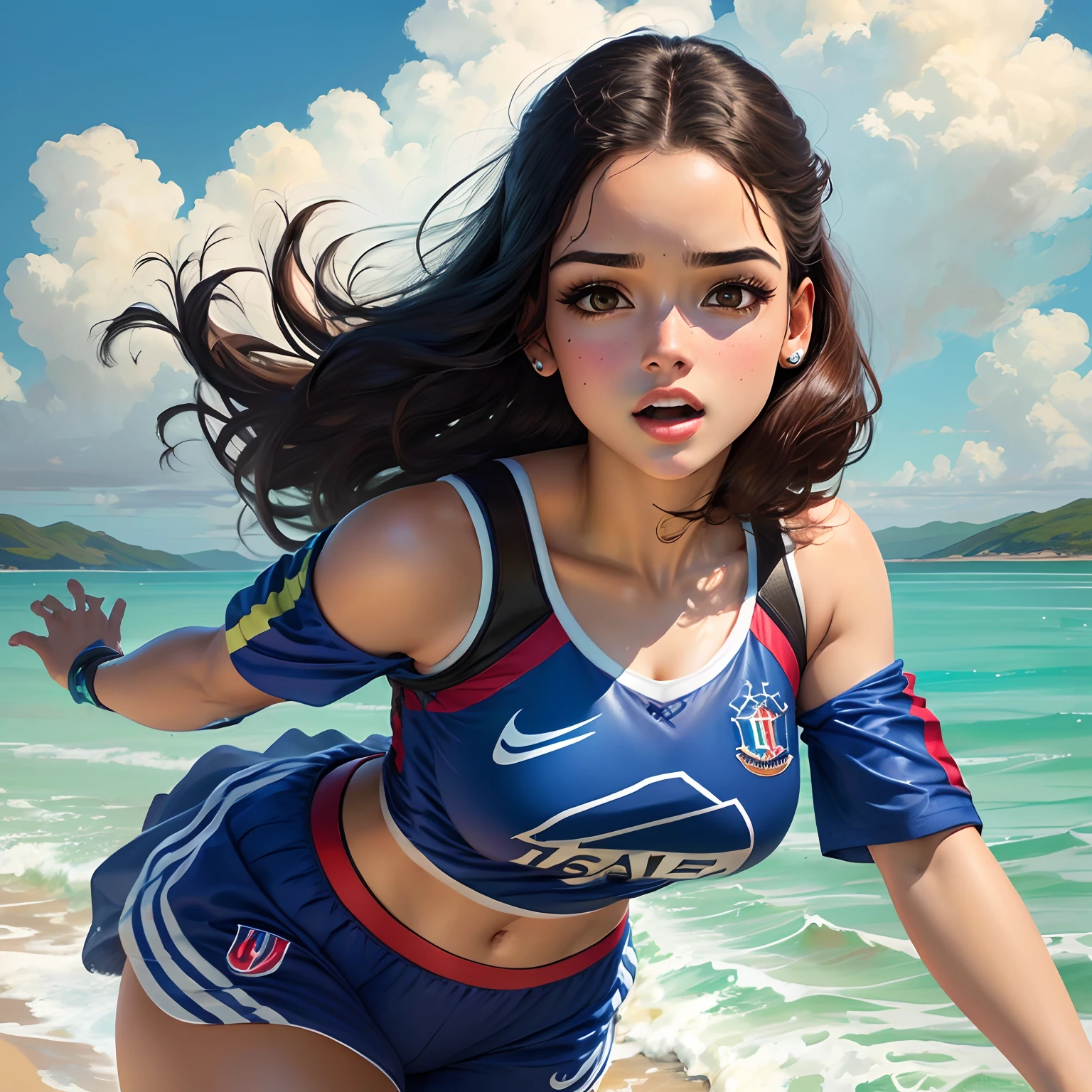 uma menina com cabelo castanho com pele branca e olhos grandes e boca grande estilo pixar