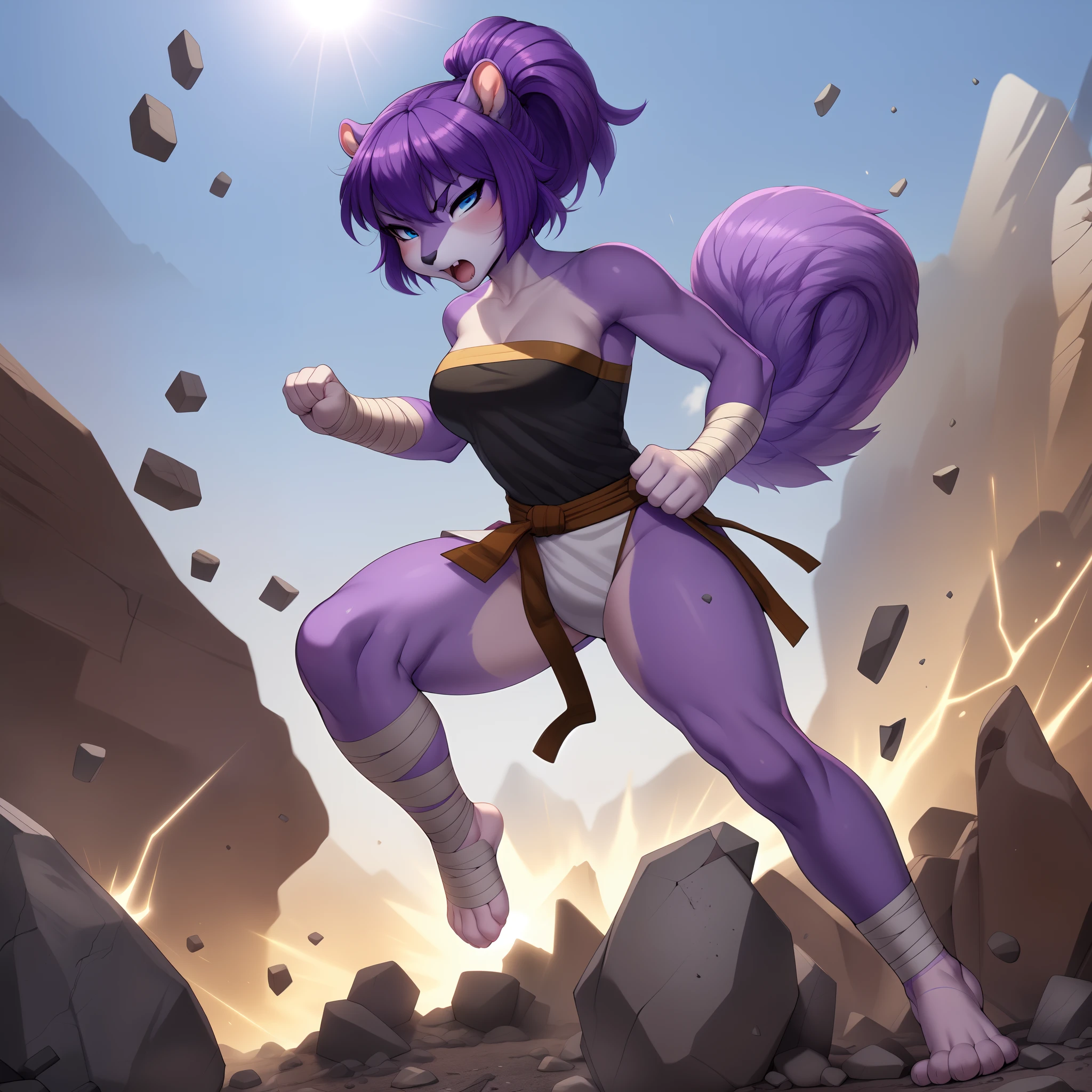 Solo:1.3, Kaori, purple squirrel girl, short purple hair in bun, short purple tail, blue eyes, barefoot, 4 toes, paws, wearing brown and white skimpy martial arts outfit, bandage wraps on hands, standing:1.3, smashing through rocks with fists, punching:1.3, breaking rocks, rocks falling everywhere, angry face, mouth open, by gudlmok99, no background, cinematic, on a Rocky Mountain, earthquake:5, rocks breaking, earth elemental energy, close up, breaking through rocks, rocks being flung around, earthly explosions everywhere,