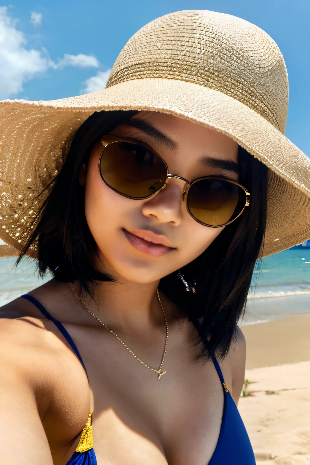 selfie, close up, 20-year-old, 1 girl, asian, large breasts, beach clothes, australian beach, sunglasses, hat