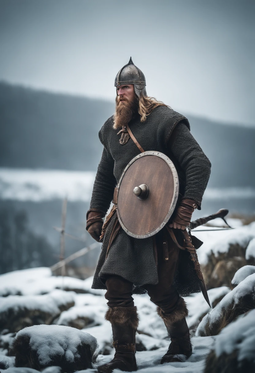 Describe an image of Vikings displaying bravery in the snow. Portray the harsh winter landscape and the fearless Vikings in their elements. Highlight their courage and determination against the cold and adversity. realistic