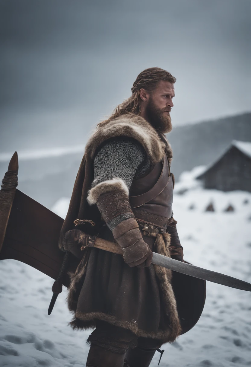 Describe an image of Vikings displaying bravery in the snow. Portray the harsh winter landscape and the fearless Vikings in their elements. Highlight their courage and determination against the cold and adversity. realistic