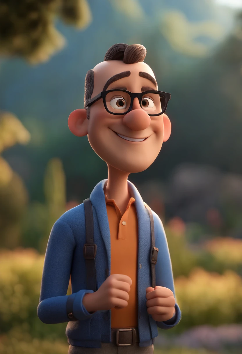 Cartoon character of a man wearing black glasses and a blue shirt, um personagem animado, Caractere estilizado, animation style rendering, 3D estilizado, Arnold Maya render, 3 d render stylized, toon render keyshot, Personagem 3D, Personagem 3D, 3d rendering stylized, 3 d character render, personagem de desenho animado, Personagem de close up, Pose de personagem, (Estilo Pixar) (master part:1.2) (Bokeh) (best quality) (pele detalhada) (textura detalhada) (8k) (argila) (Cinematic lighting) (foco nítido,Senta e vaza a parte superior do corpo