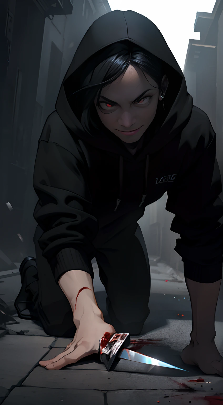 1boy, Adult male:1.2), Perfect male body, Eyes look at the bodies on ground, Delicate eyes and delicate face, Extremely detailed CG, Unity 8k wallpaper, Complicated details, solo person, Detailed face, (Black hair, Messy hair, Crazy expression, black hoodie, blood in face,With a knife in his hand:1.2), (Crazy smile:1.2) , (Mad eyes:1.3) , (wide-eyed:1.2,small pupil),Dark corridors,Night, color difference, Depth of field, dramatic shadow, Ray tracing, Best quality, offcial art, Portrait, dead bodies on ground