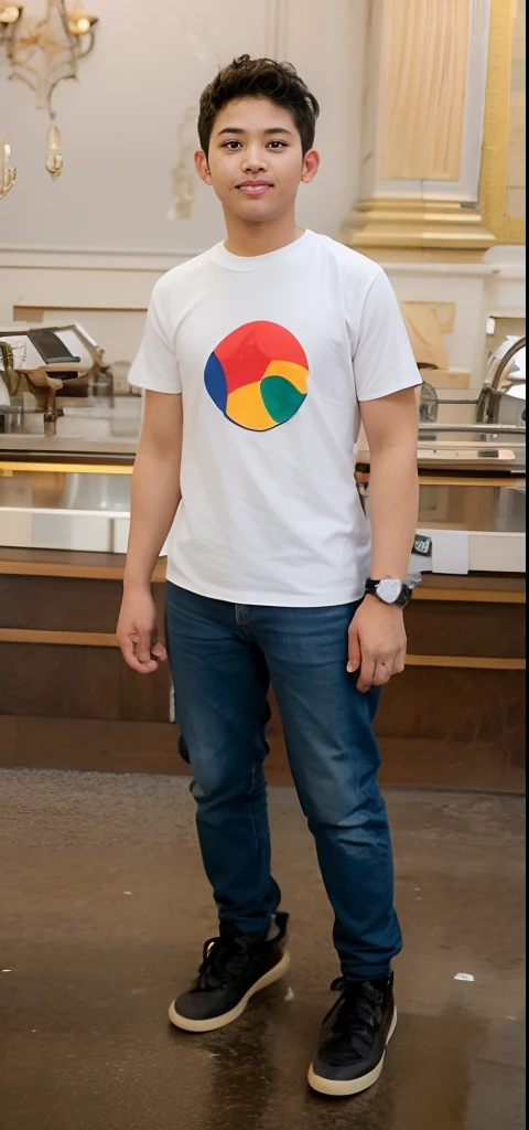 A boy wearing a white-sleeved shirt and standing
