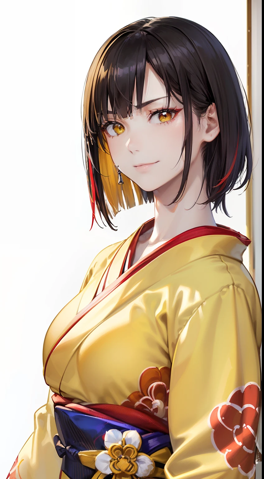 (top-quality, 8K, 32K, ​masterpiece, nffsw:1.2), (Raw photography), (realisitic), (Photorealsitic:1.2), (hight resolution), ultra-detailliert, extremely beautiful face and eyes, 1girl in, round small face,(((shorth hair)))、 (((short-hair)))、big breasts thin waist、(((yellow kimono)))、(((Short hair)))、((Yellow and red kimono))、(((White wall background)))、(bustshot)、(((Black hair)))、(((She wears a yellow and red kimono)))、(((I have dark hair)))、(a closeup、top-quality、high detailing、rich skin detail、nffsw)、(Best Quality, 8K, Oil Painting, masutepiece:1.2), Ultra-detailed, (Realistic, Photorealistic:1.37), (((Clothes with red design)))、(((Vibrant colors))), (((Facing the front)))、(((Sexy atmosphere)))、(((a 20 yo woman)))、(((short-hair)))、(((White background))), (((Girly Hairstyles)))、(((short-hair)))、(((In front of a white wall)))、(((A dark-haired)))、(((Troubled smile)))、(((frowns)))、(((I'm smiling wryly)))