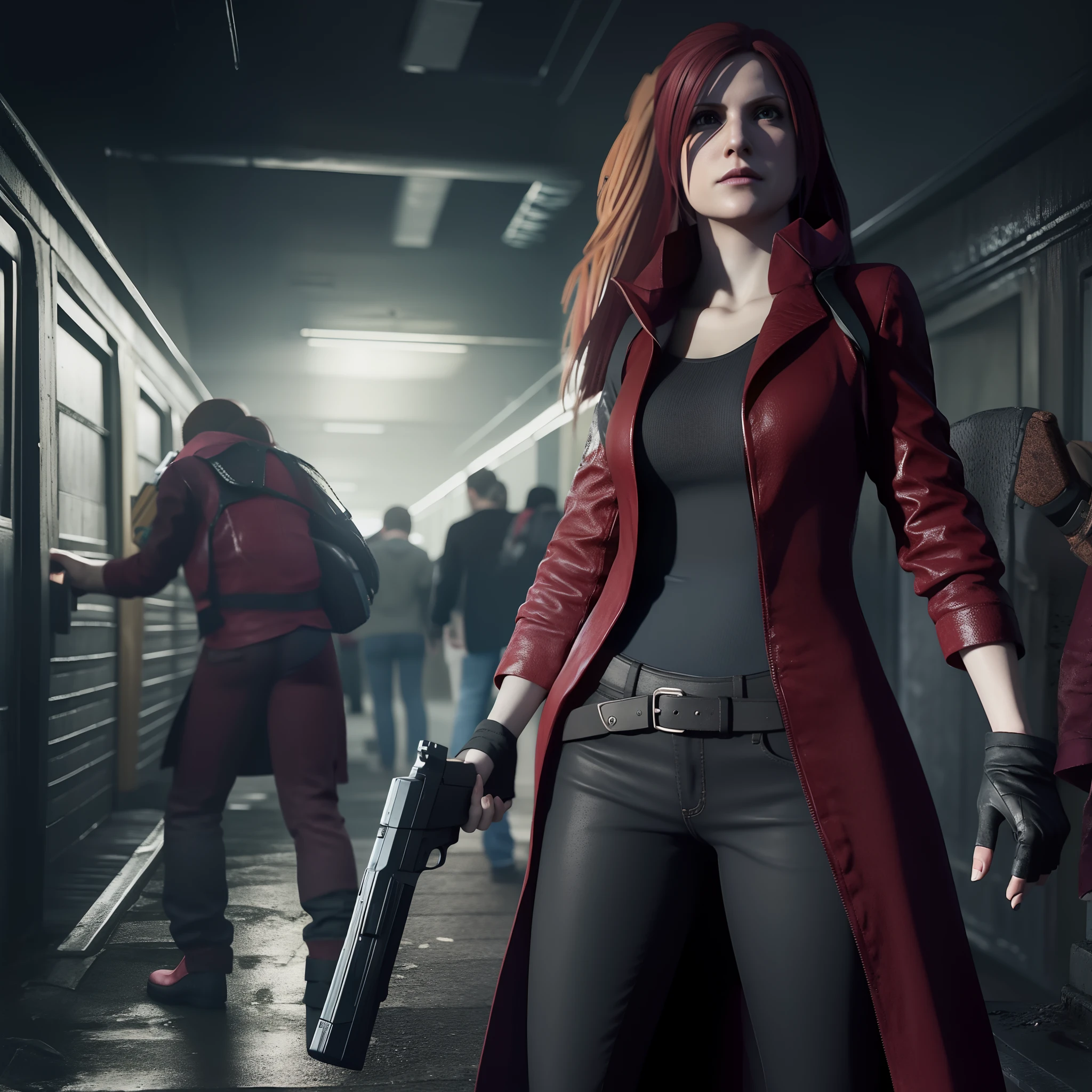 HD, Claire Redfield 40 years old, beautiful face, looking at viewer, very long red hair, perfect Face, black jeans, red long coat with black t-shirt, red nail polish, friendly face, glare, holding a gun