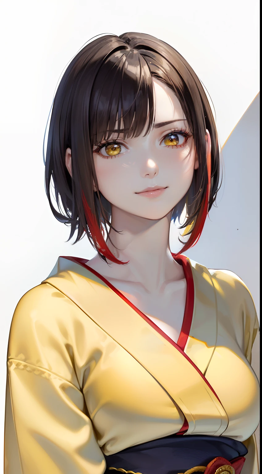 (top-quality, 8K, 32K, ​masterpiece, nffsw:1.2), (Raw photography), (realisitic), (Photorealsitic:1.2), (hight resolution), ultra-detailliert, extremely beautiful face and eyes, 1girl in, round small face,(((shorth hair)))、 (((short-hair)))、??????????? thin waist、(((yellow kimono)))、(((Short hair)))、((Yellow and red kimono))、(((White wall background)))、(bustshot)、(((Black hair)))、(((She wears a yellow and red kimono)))、(((I have dark hair)))、(a closeup、top-quality、high detailing、rich skin detail、nffsw)、(Best Quality, 8K, Oil Painting, masutepiece:1.2), Ultra-detailed, (Realistic, Photorealistic:1.37), (((Clothes with red design)))、(((Vibrant colors))), (((Facing the front)))、(((???? atmosphere)))、(((a 20 yo woman)))、(((short-hair)))、(((White background))), (((Girly Hairstyles)))、(((short-hair)))、(((In front of a white wall)))、(((A dark-haired)))、(((Troubled smile)))、(((frowns)))、(((I'm smiling wryly)))