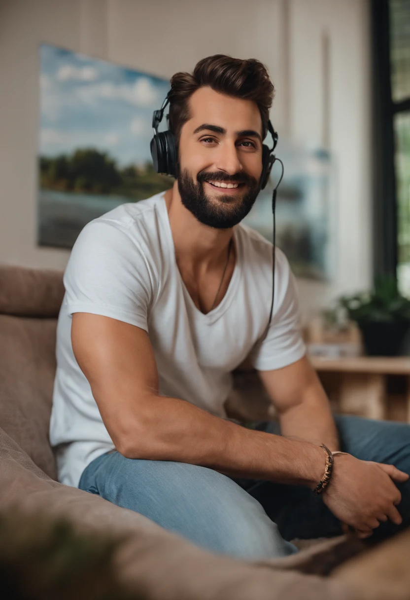 um homem, em breve, barba curta, olhos castanhos, com fones de ouvido, A music studio in the background, Imagem no estilo Pixar, Estilo de filme animado 3D, Disney, camiseta preta