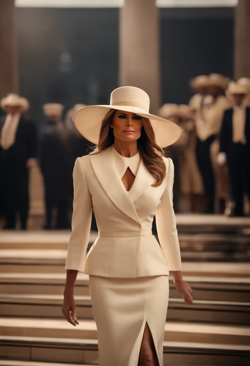 Melania trump at coronation in cream dress and hat and heels