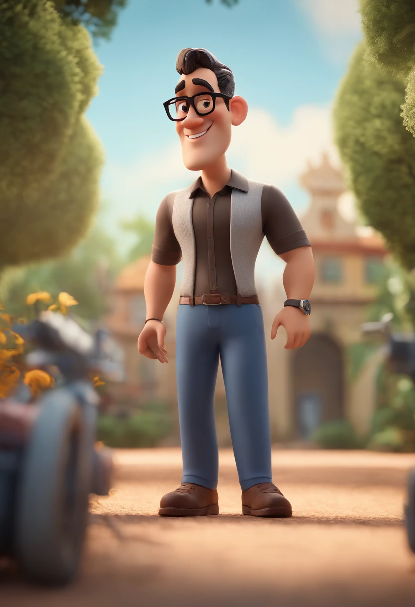 Cartoon character of a man with black glasses, cabelo curto grisalho preto com um pouco branco e uma camisa azul, animation character, Caractere estilizado, animation style rendering, 3D estilizado, Arnold Maya render, 3 d render stylized, toon render keyshot, Personagem 3D, Personagem 3D, 3d rendering stylized, 3 d character render, personagem de desenho animado, Personagem de close up, Pose de personagem, (Estilo Pixar) (master part:1.2) (Bokeh) (best quality) (pele detalhada) (textura detalhada) (8k) (argila) (Cinematic lighting) (foco nítido