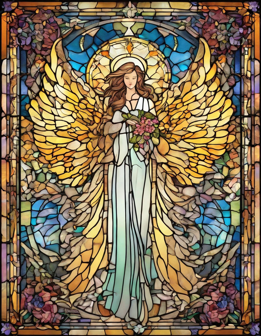 Big Angel Wings, Stained glass style、nigh sky、angelicales