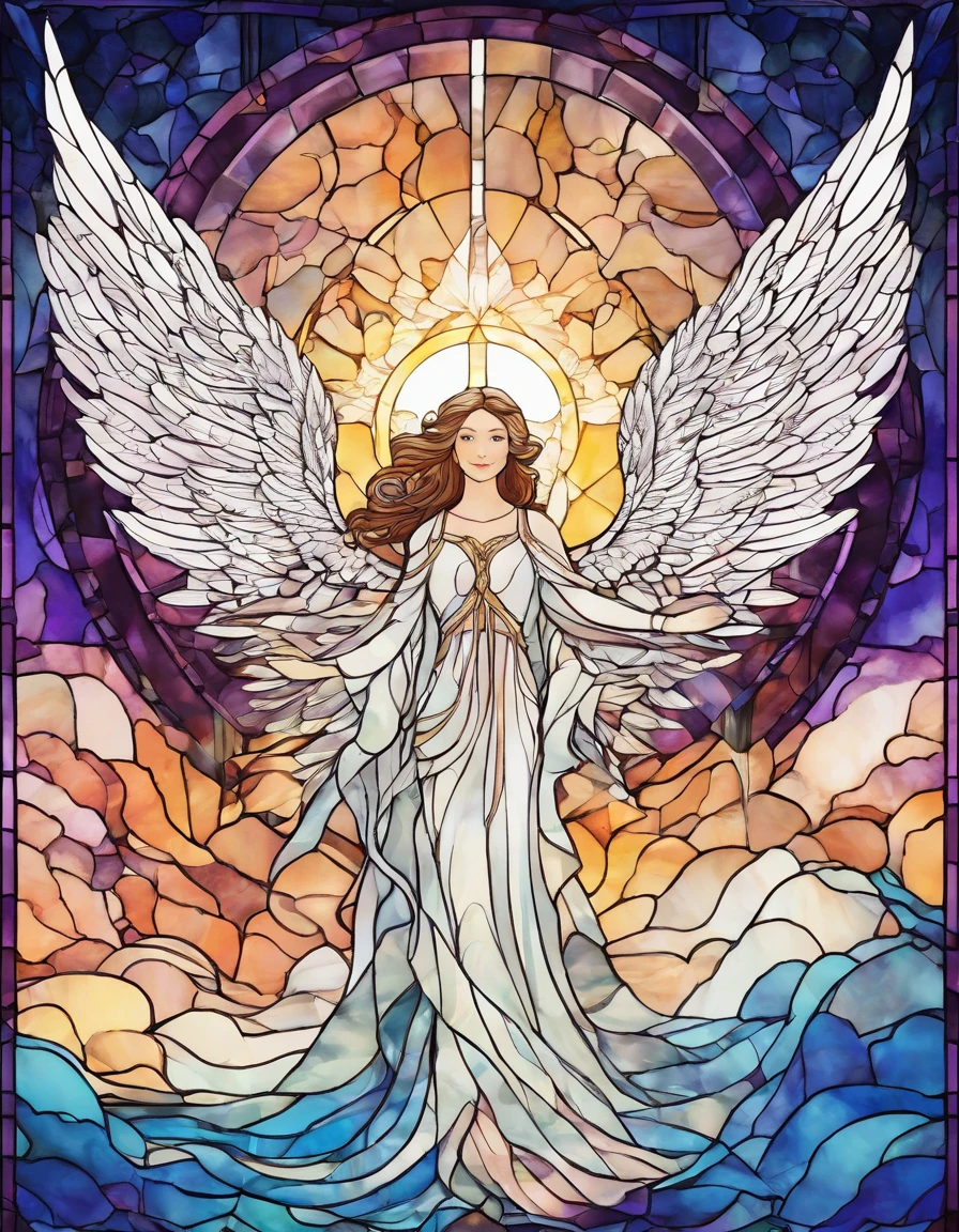 Big Angel Wings, Stained glass style、nigh sky、angelicales